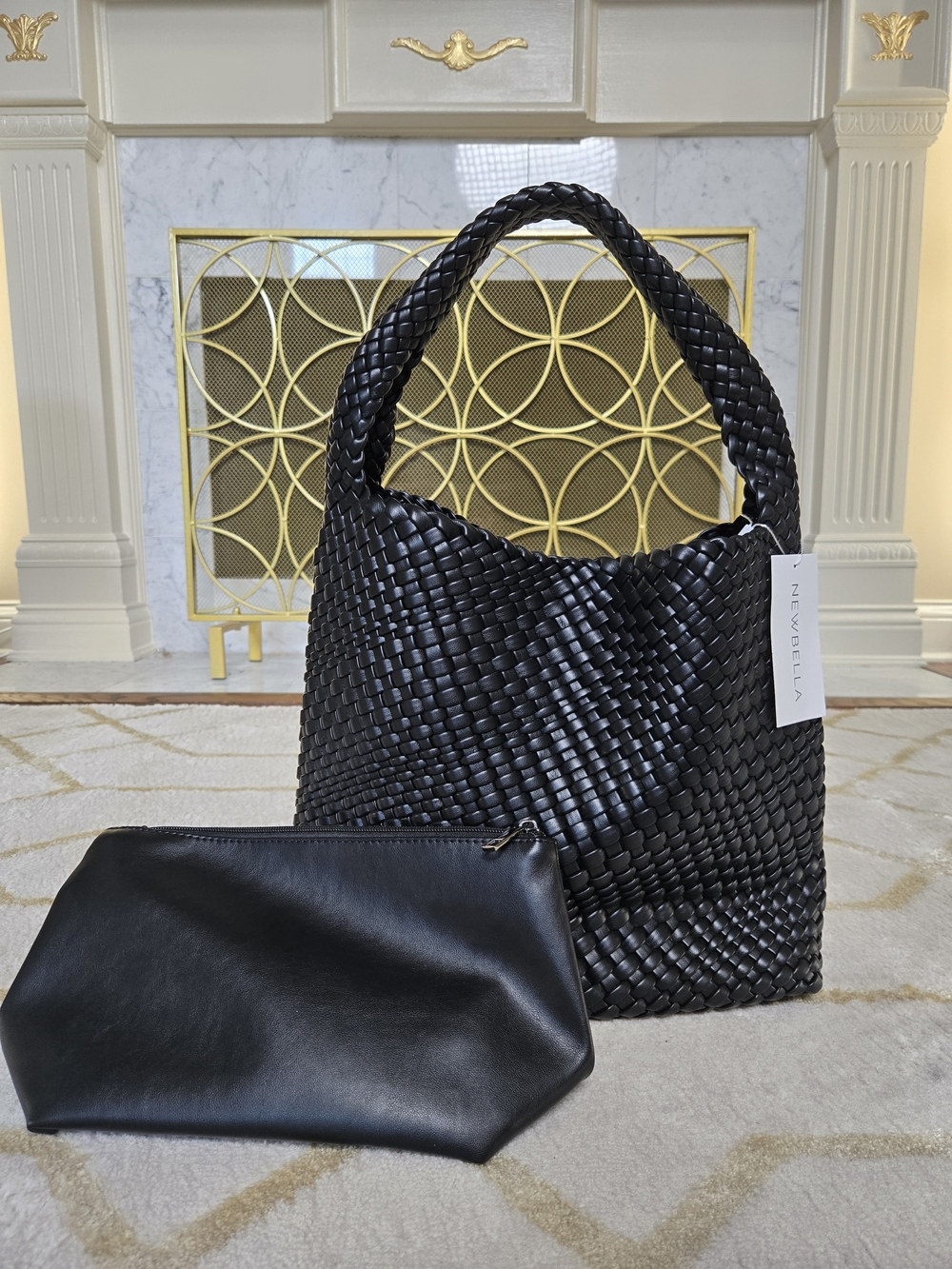 NEWBELLA Linda Black Faux Leather Woven Tote Bag with Pouch